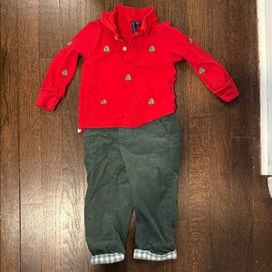 Janie and jack Red Collared Shirt and Green Pants Set